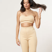 rib fit flare pants with bandeau set / beige