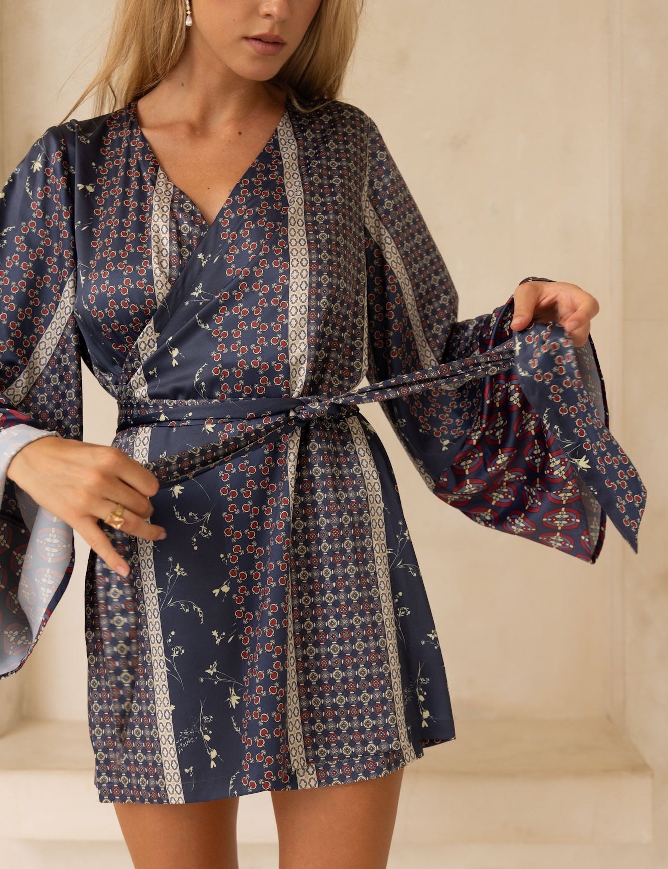 Oriental Silky Kimono Culotte Dress / Navy