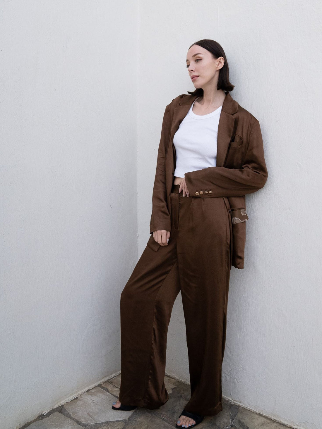 oriental satin straight pants / 枯茶(dark brown)