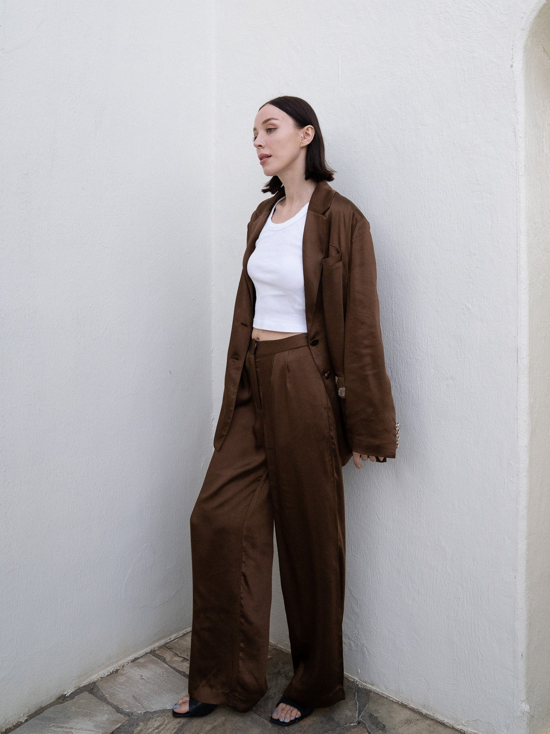 oriental satin straight pants / 枯茶(dark brown)