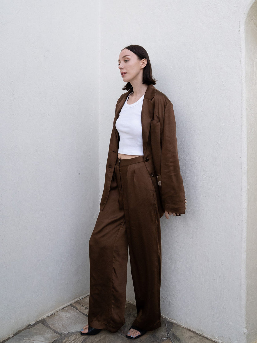 oriental satin straight pants / 枯茶(dark brown)