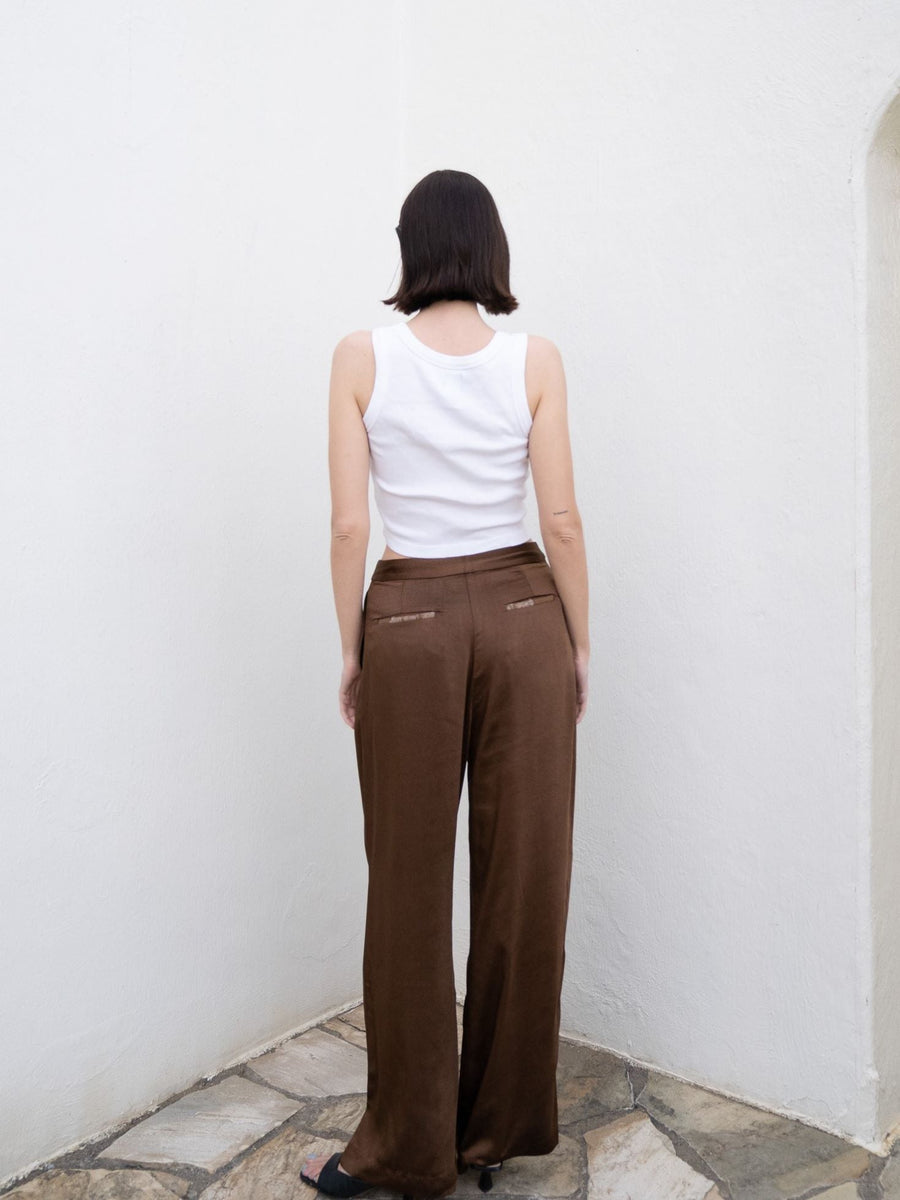 oriental satin straight pants / 枯茶(dark brown)