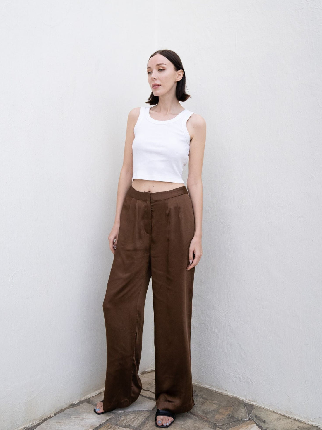 oriental satin straight pants / 枯茶(dark brown)