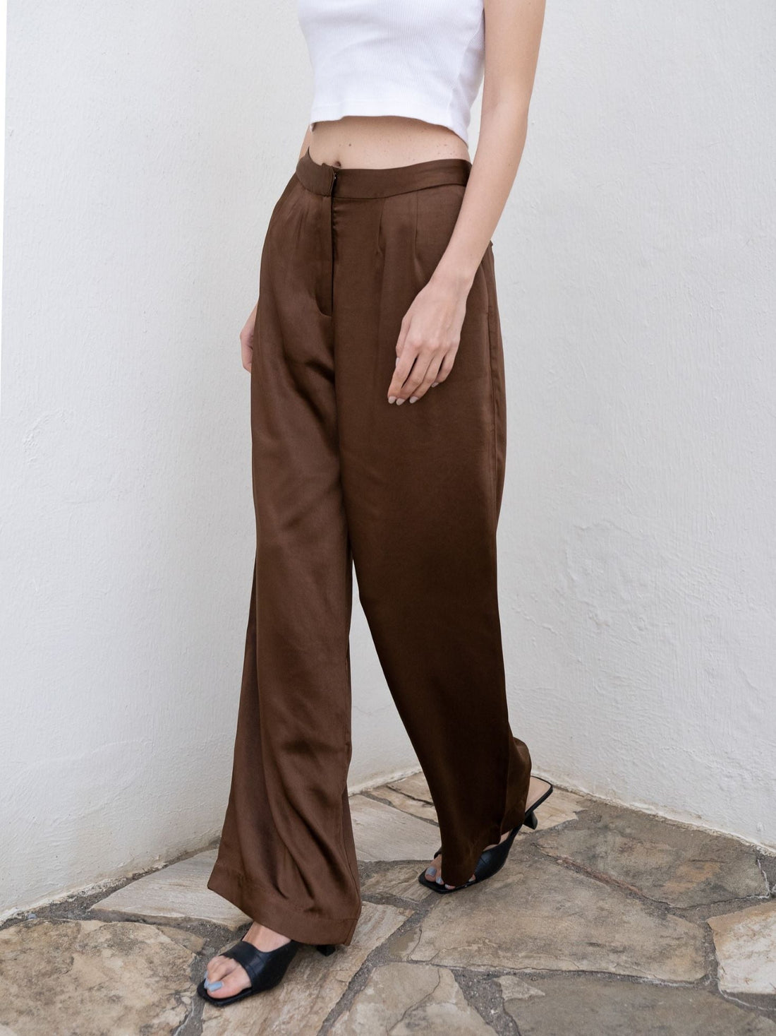 oriental satin straight pants / 枯茶(dark brown)