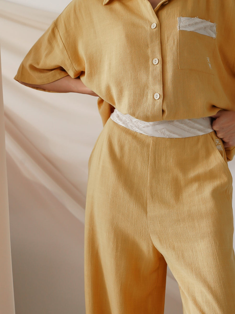 soft linen wide pants / flower leaves (yellow)