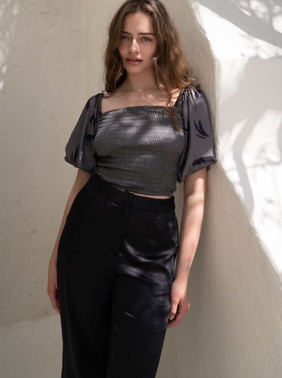 two way silky balloon sleeve top / 薄墨(gray)