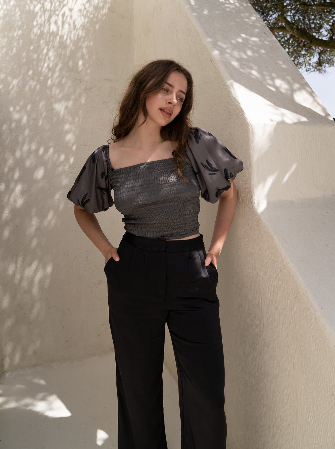 two way silky balloon sleeve top / 薄墨(gray)