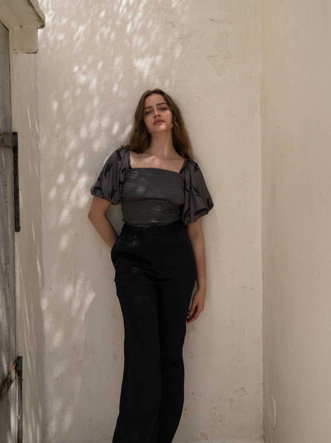 two way silky balloon sleeve top / 薄墨(gray)