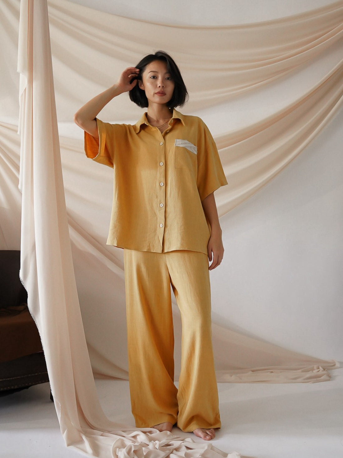 soft linen wide pants / flower leaves (yellow)