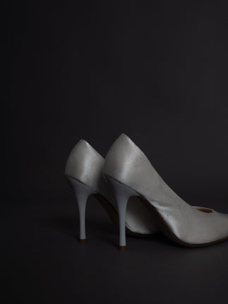 satin wrapped style up heels
