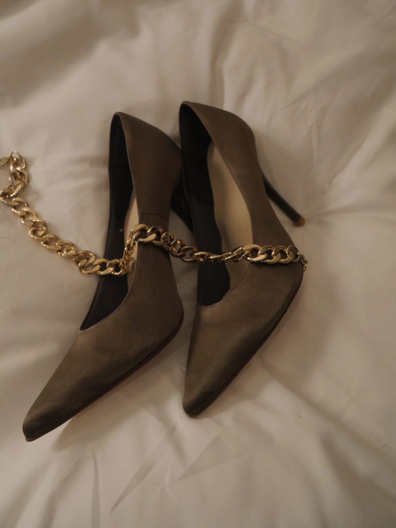 satin wrapped style up heels / khaki